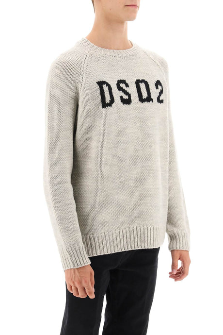 Men's Wool Raglan-Sleeve Sweater with DSQ2 Lettering