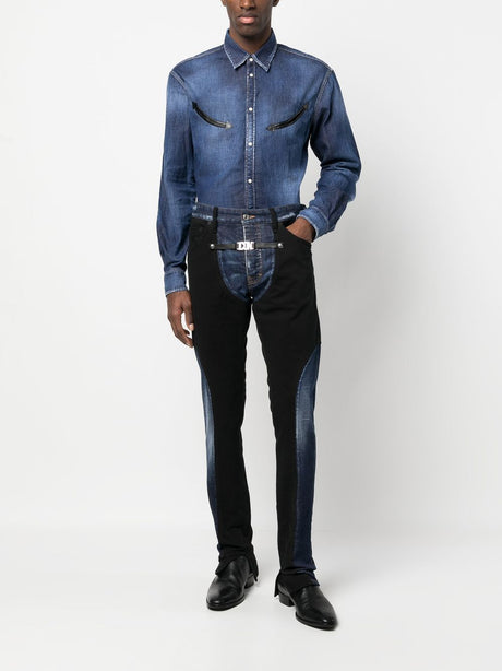 Indigo Blue Denim Shirt for Men - Western-Inspired Design with Leather Trim