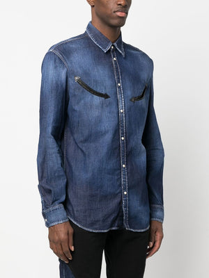 Indigo Blue Denim Shirt for Men - Western-Inspired Design with Leather Trim