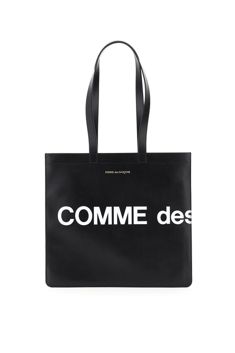 COMME DES GARÇONS PLAY Men's Black Leather Tote Handbag with Maxi Logo Print