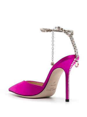 Fuchsia Pink Satin Pumps - Crystal Embellished Pointed Toe High Heel Shoes for Women