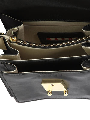 MARNI Mini Trunk Soft Black Leather Shoulder Bag with Adjustable Strap and Clasp Closure