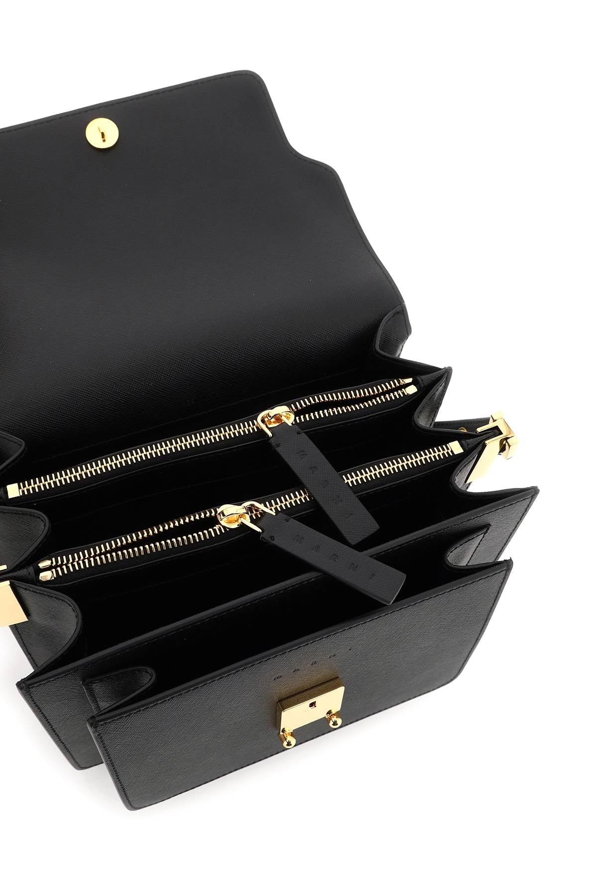 Túi xách dạng hộp MARNI đậm chất cổ điển cho phụ nữ - Da Saffiano đen, viền vàng, nhiều ngăn