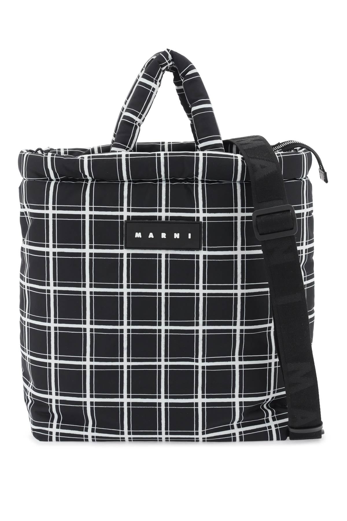 MARNI Black Padded Nylon Handbag with Check Pattern and Removable Strap