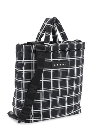 MARNI Black Padded Nylon Handbag with Check Pattern and Removable Strap