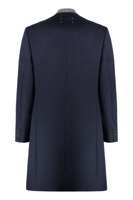 Blue Wool Jacket | Contrasting Neckline, Back Slit Hem