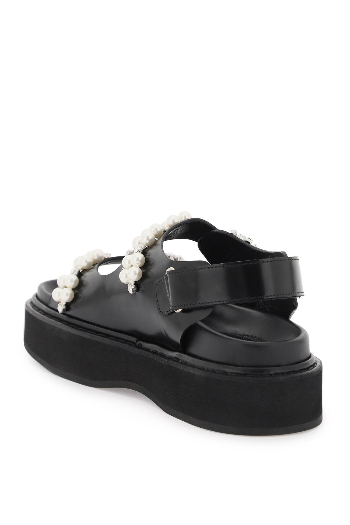 Black Leather Platform Sandals with Pearls and Crystals