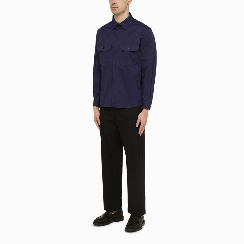 Men's Blue Utility Cotton Shirt with Classic Collar and Chest Pockets