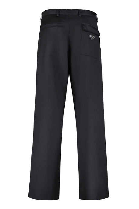 PRADA Men's Black Wool Trousers with Leather Details and Technical Fabric Insert
