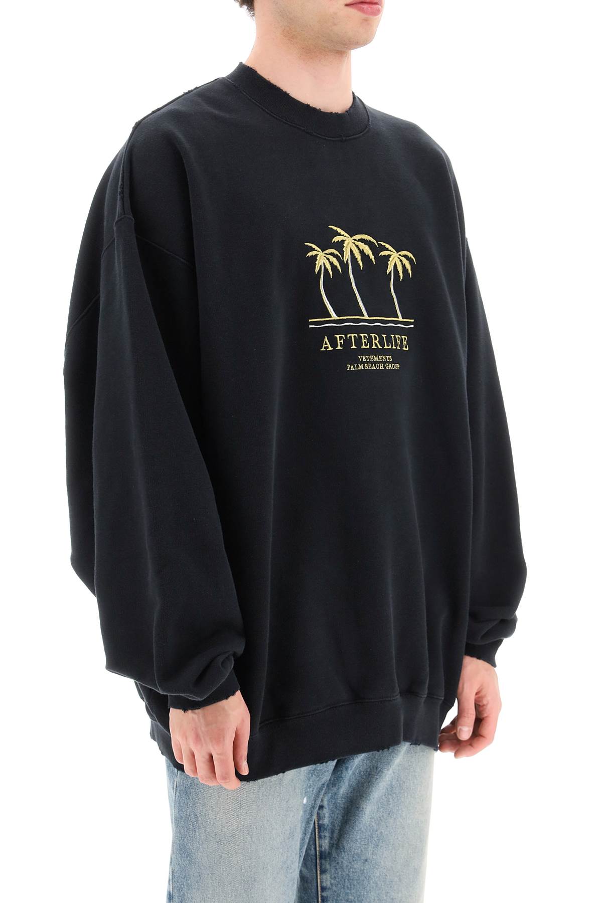 VETEMENTS Men's Black Sweatshirt with Embroidered Logo and Palm Motif