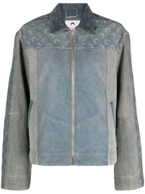 Celestial Denim Jacket with Neon Panels and Crescent Moon Print