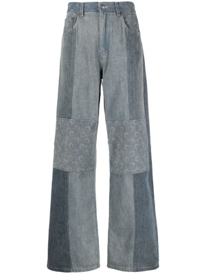Blue Patchwork Design Denim Pants with Crescent Moon Print for Men