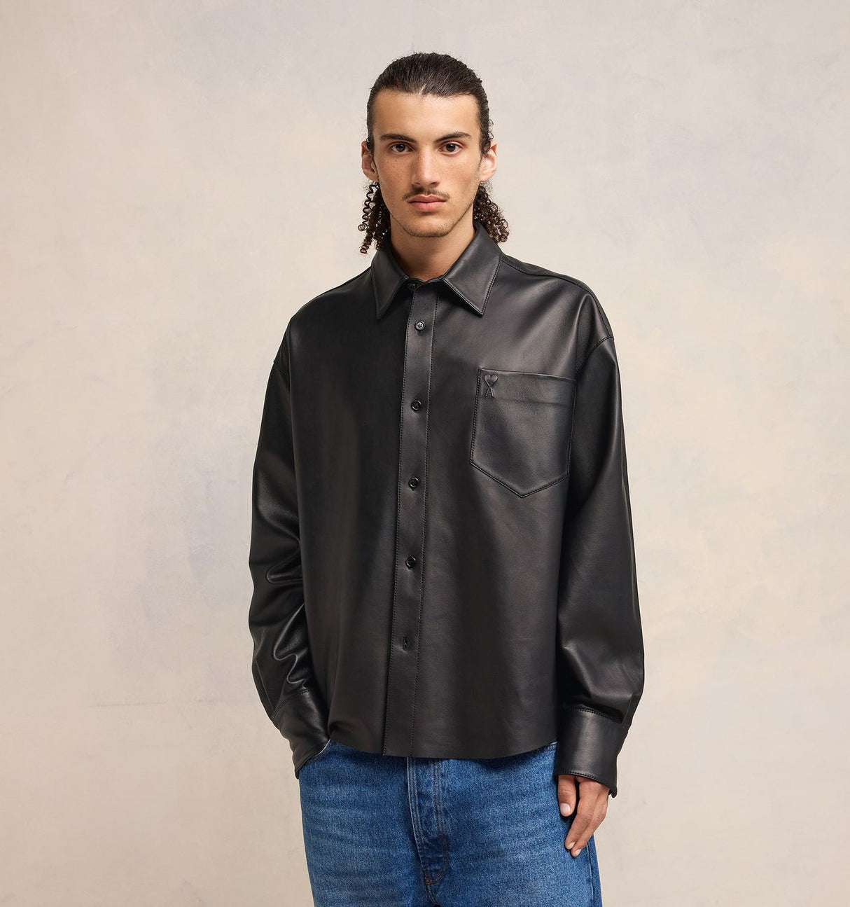 AMI PARIS Men's Black Leather Long Sleeved Shirt for SS24