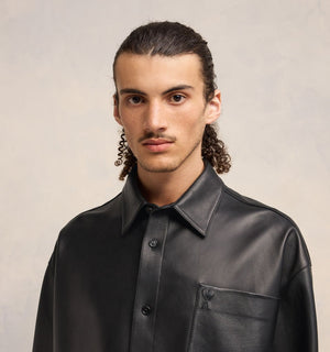 AMI PARIS Men's Black Leather Long Sleeved Shirt for SS24