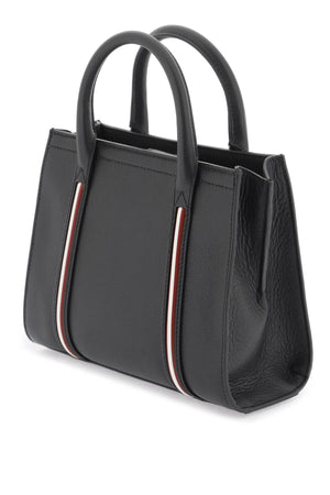 BALLY Small Code Black Leather Tote with Iconic Stripe and Gold Accents