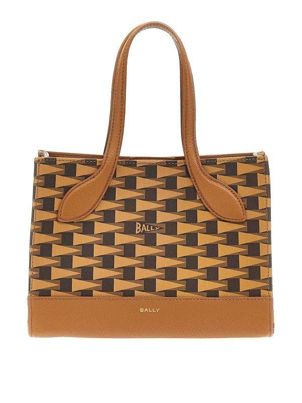 BALLY Mini Chic Camel Brown Tote with Multicolor Logo Print and Gold-Tone Accents, 100% Leather