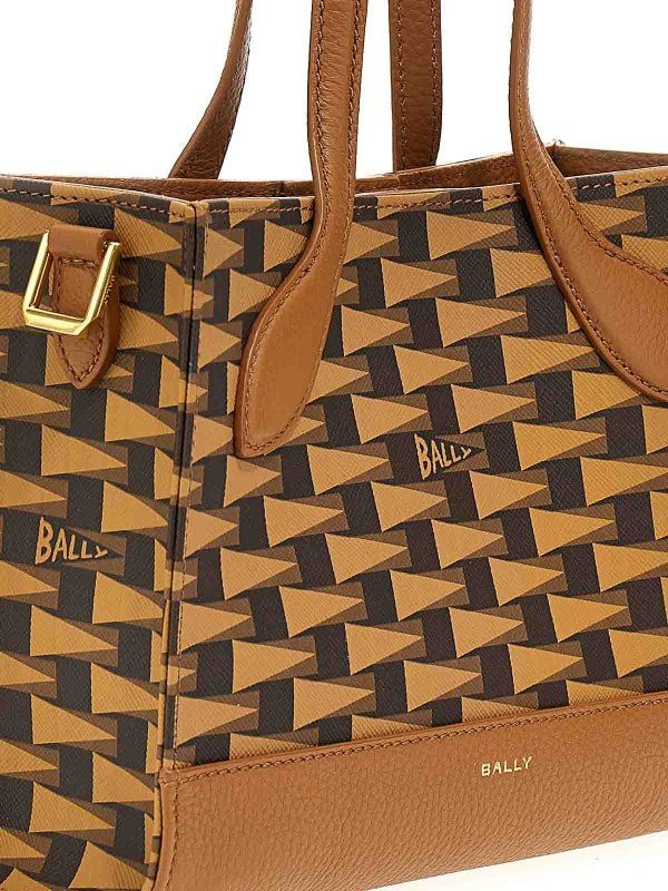 BALLY Mini Chic Camel Brown Tote with Multicolor Logo Print and Gold-Tone Accents, 100% Leather