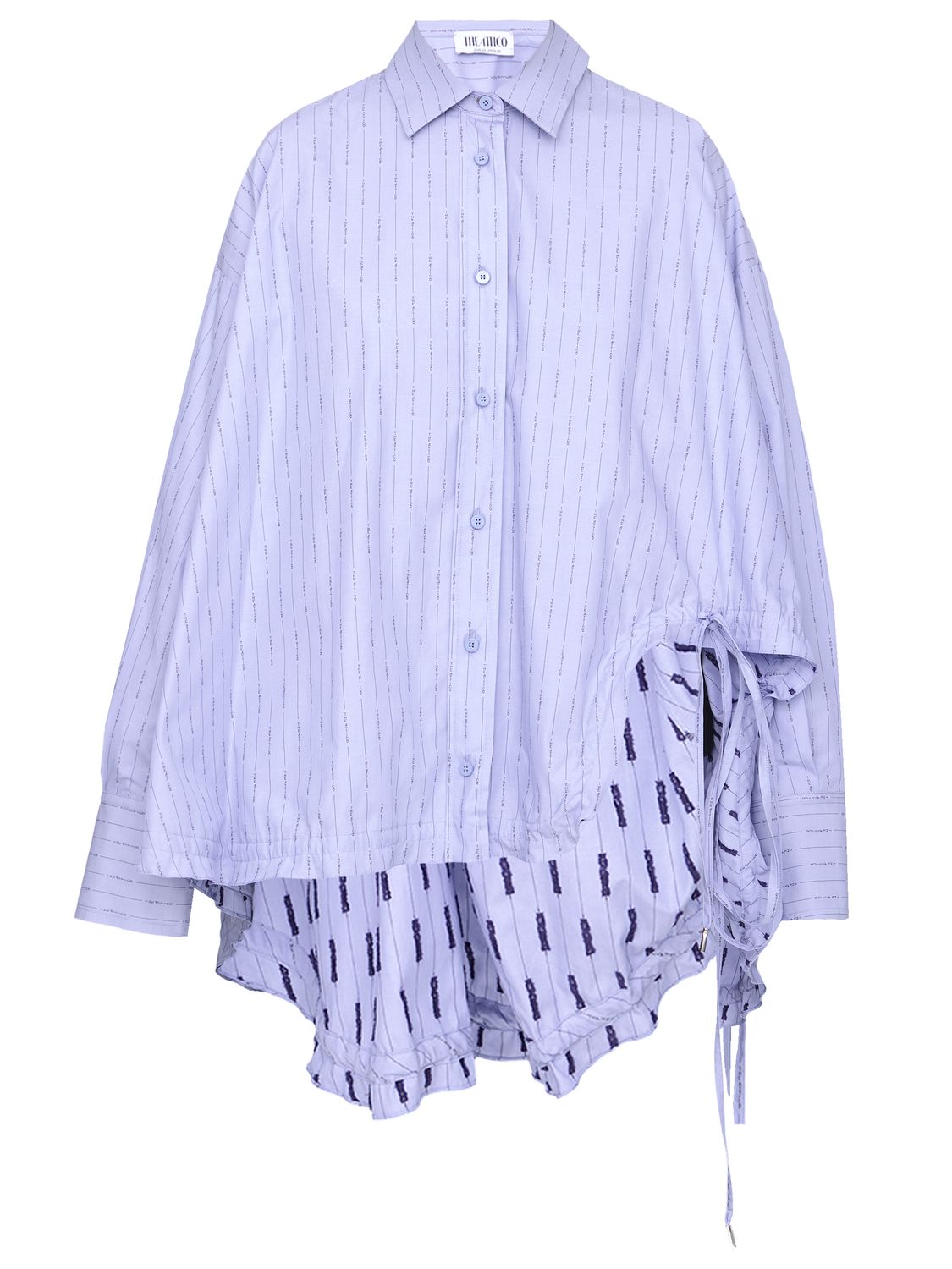 Light Blue Striped Cotton Shirt with Side Draping and Button Cuffs for Women