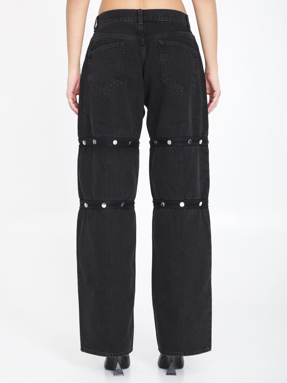 THE ATTICO Black Cotton Denim Pants with Logoed Snap Buttons for Women