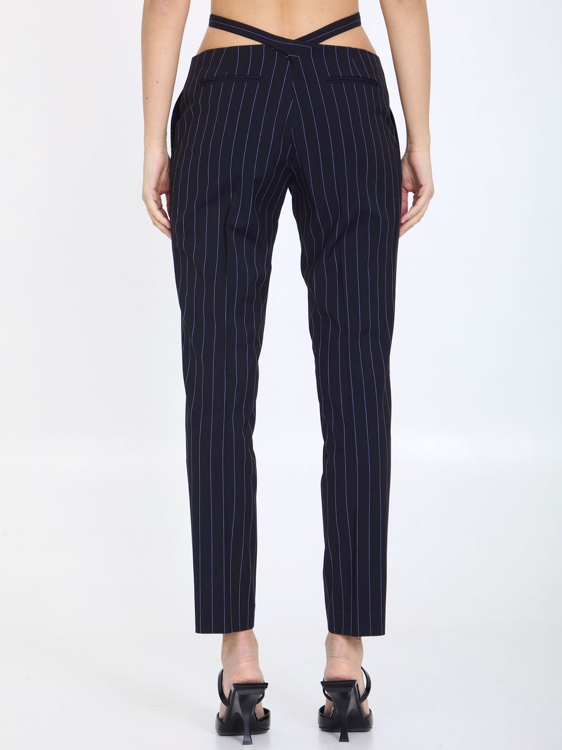 THE ATTICO Navy Blue Pin-striped Pants with Crossover Straps for Women - SS24