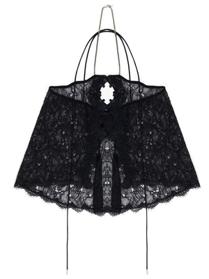 THE ATTICO Black Lace Top with Cut-Out Details, Crossover Straps and Adjustable Chain