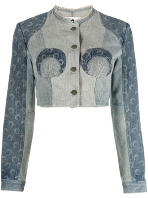 Regenerated Denim Cropped Jacket with Crescent Moon Print