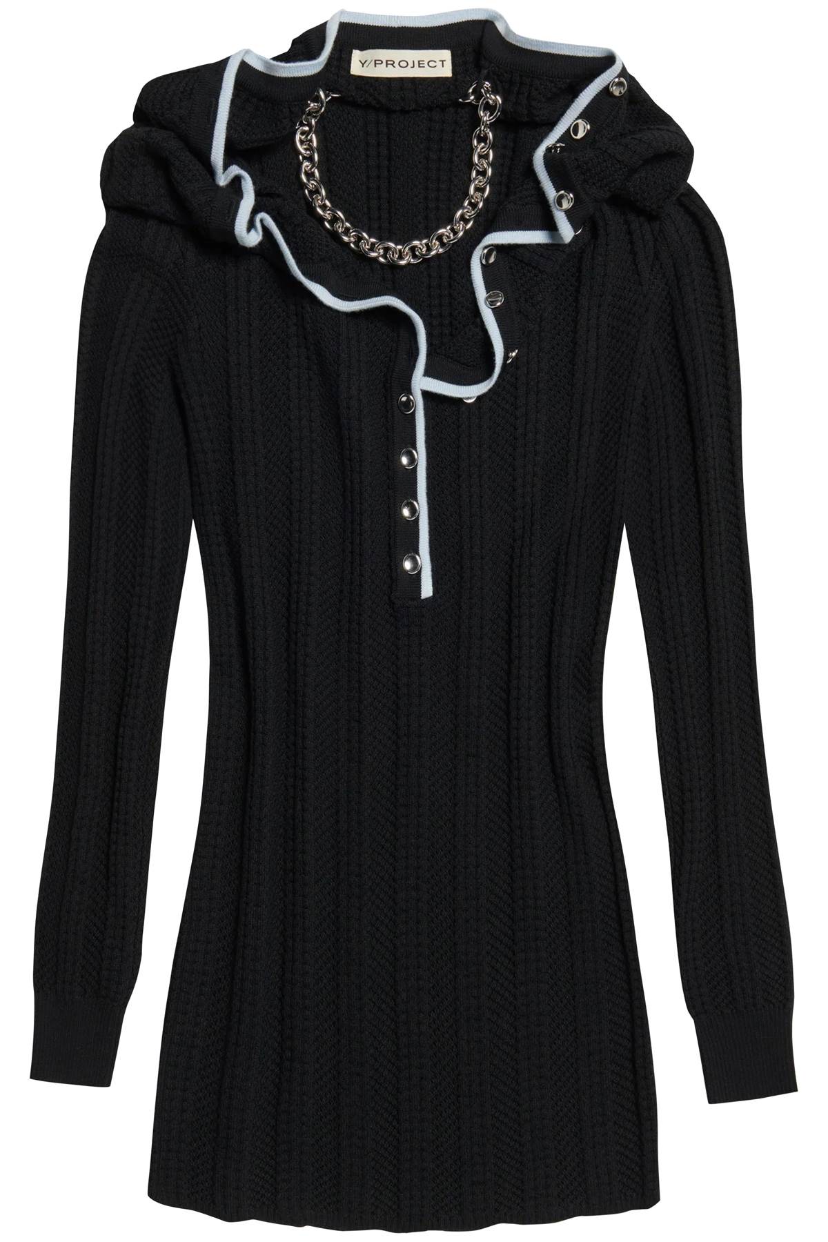 時尚黑色羊毛洋裝，帶蕾絲領口和鏈子項鍊設計，適合女性