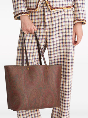 Paisley Print Raffia Tote Handbag for Women - Brown