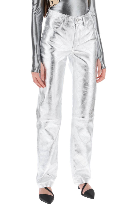 MARINE SERRE Gray Moonogram Laminated Leather Pants for Women - High Waist, Straight Cut, Zipper-Fly and Button Closure