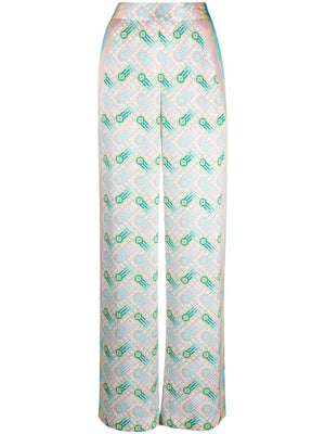 Pure Silk High-Waisted Trousers with All-Over Ping Pong Print in Blue/Multicolour