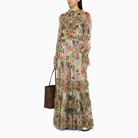 ETRO Multicolored Silk Long Skirt for Women with Bouquet Print and Flounces