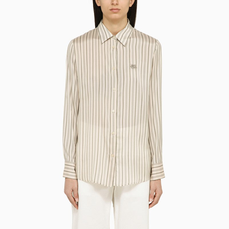 白色條紋絲質襯衫-經典領型，鈕扣開衩，長袖，男性版型