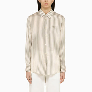 白色條紋絲質襯衫-經典領型，鈕扣開衩，長袖，男性版型