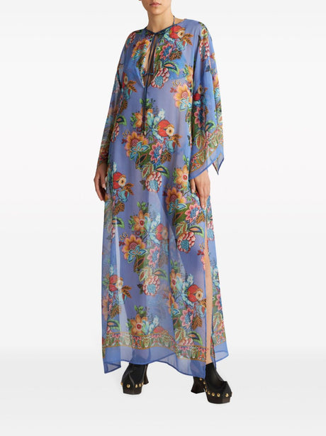 ETRO Blue Floral Print Shift Tunic with Keyhole Neck and Long Sleeves for Women