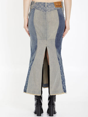 Grey Moon Print Denim Flared Skirt