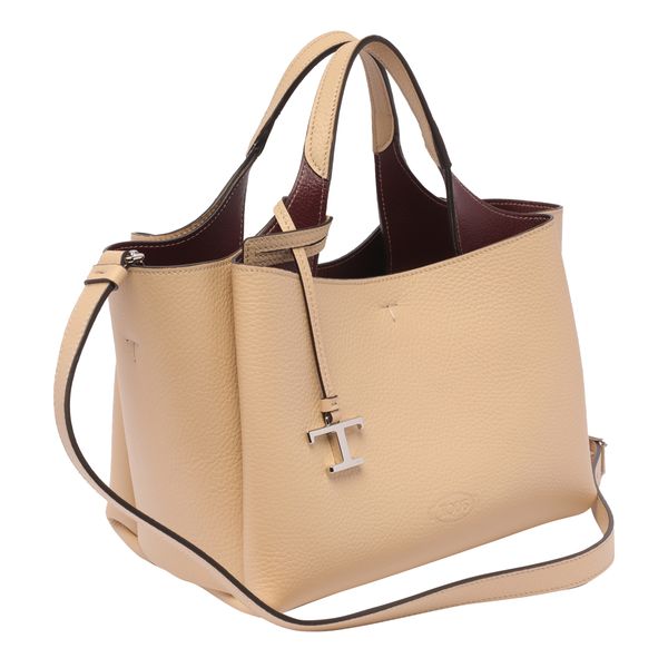 Beige Grained Leather Mini Handbag with Silver-Tone Charm