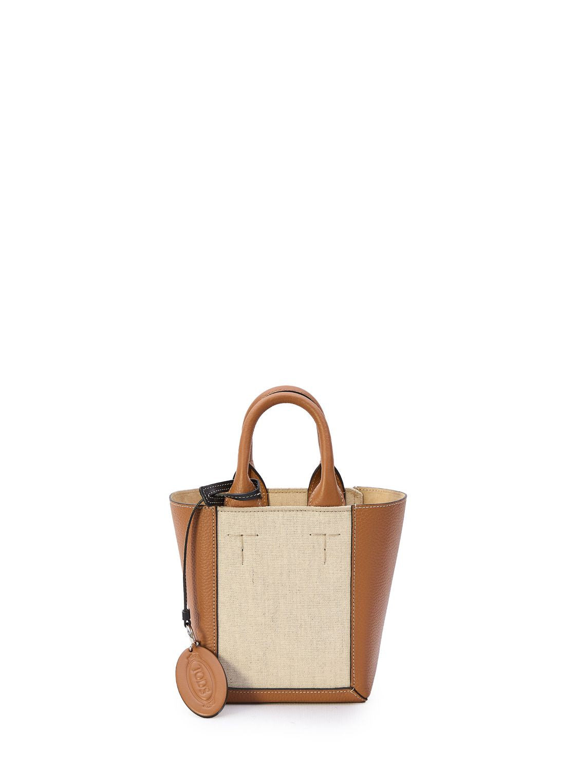 TOD'S Mini Duo-Tone Leather and Canvas Tote with Detachable Strap and Charm, Brown and Cream - 27x17x12 cm