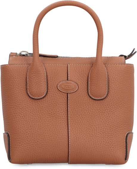 TOD'S Peppled Calfskin Tote Handbag with Adjustable Shoulder Strap - Saddle Brown