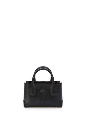 TOD'S Black Leather Mini Handbag with Embossed Logo, Double Handles & Detachable Strap - 20x12x7 cm
