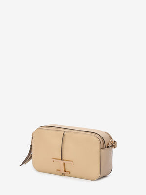 TOD'S Tan Timeless Mini Calfskin Crossbody Handbag with Metal Detail, Adjustable Strap, and Dual-Zip Compartments – 21.5x12x7cm