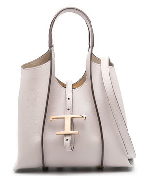 TOD'S Timeless Mini Taupe Grey Pebbled Leather Tote with Gold-Tone Accents and Detachable Strap