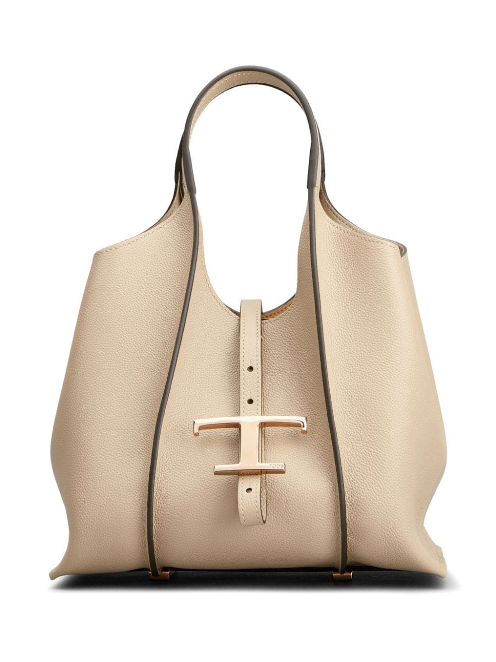 Beige Grained Leather Handbag with Gold-Tone Accents and Circular Handles