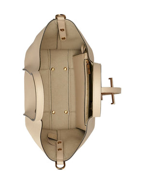 Beige Grained Leather Handbag with Gold-Tone Accents and Circular Handles