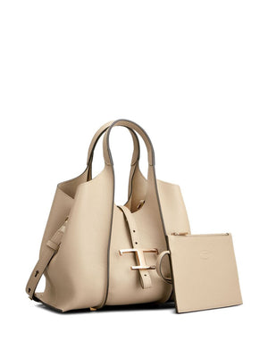TOD'S Beige Grained Leather Handbag with Gold-Tone Accents and Circular Handles
