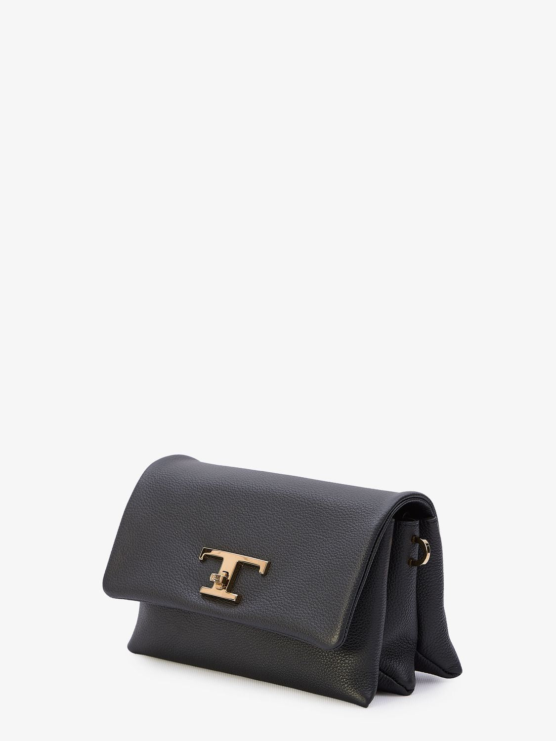 經典黑色粒紋皮革手提包 - T時尚扣鎖設計