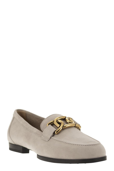 TOD'S Luxurious Gray Nubuck Moccasin with Custom Metal Chain Accessory