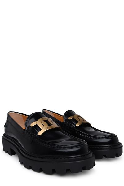 TOD'S Black Chain Moccasin Loafers for Women in Semi-Glossy Leather