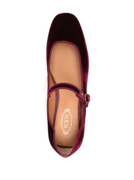 TOD'S Velvet Almond Toe Ballet Flats with Gold Buckle
