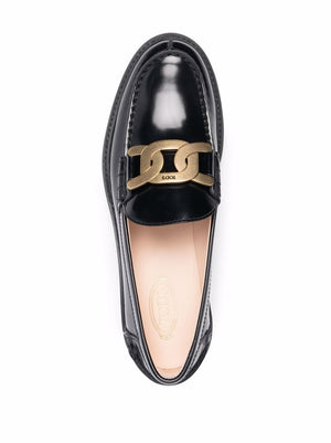 TOD'S Black Leather Chain-Plaque Loafers for Women
