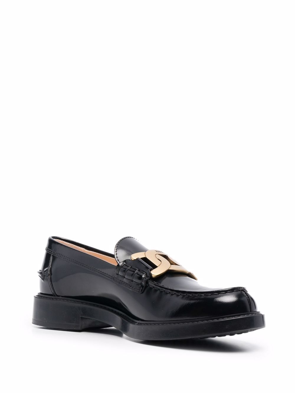 TOD'S Black Leather Chain-Plaque Loafers for Women